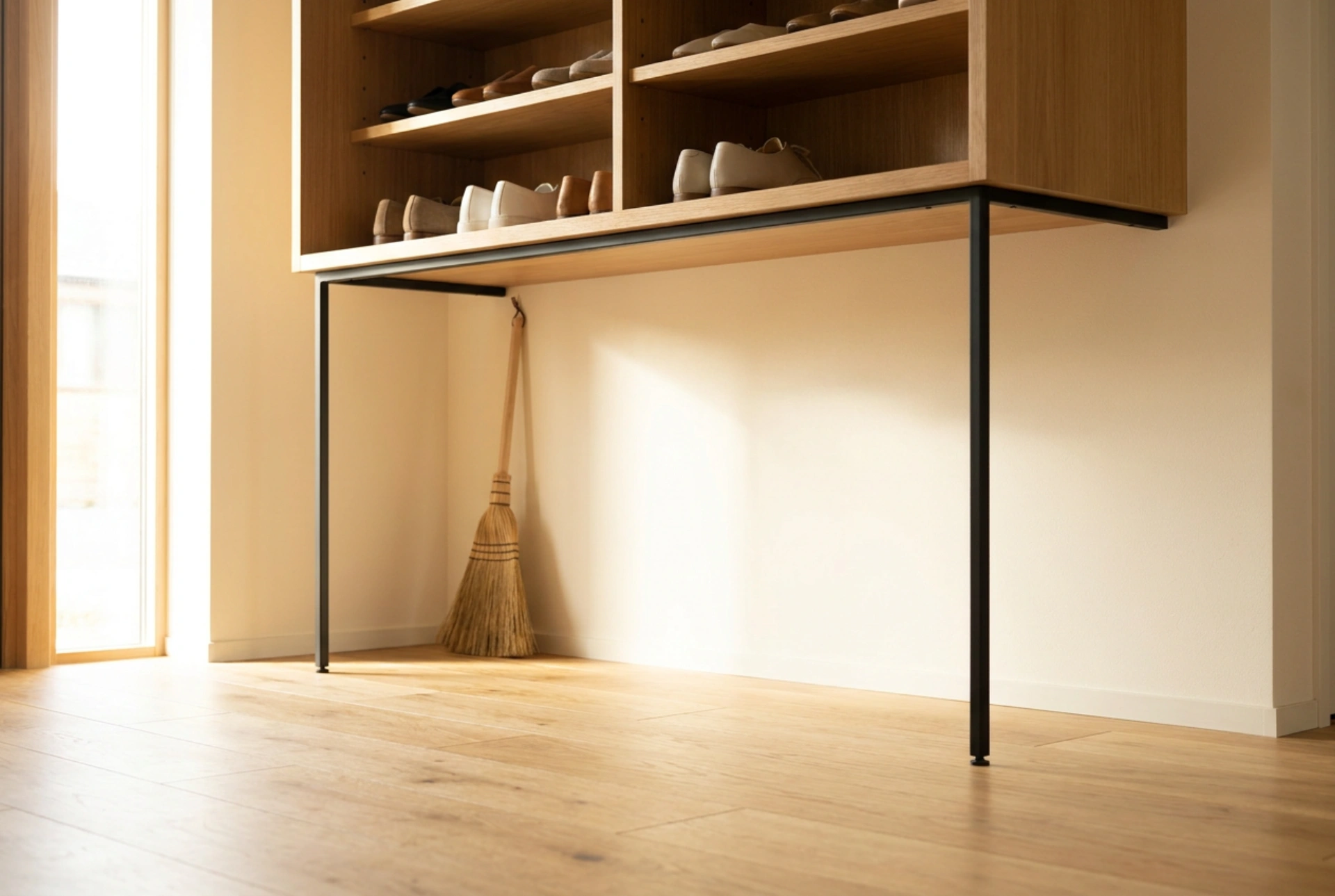 Warum ein Schuhschrank auf Beinen die Reinigung des Flurs erleichtert