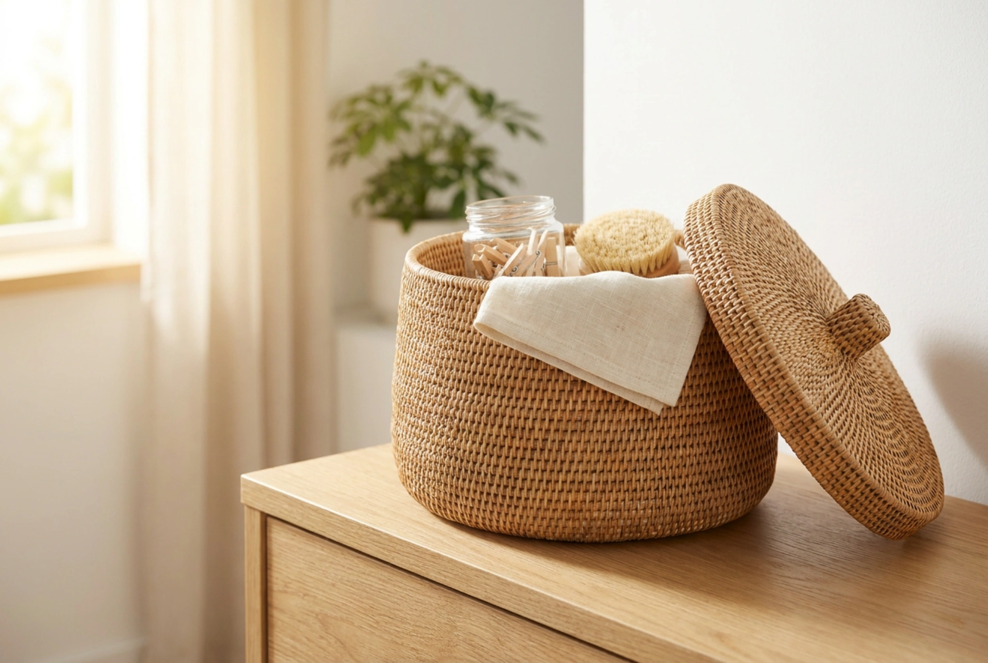 Rattankorb mit Deckel als ästhetischer Aufbewahrungsort für Kleinteile