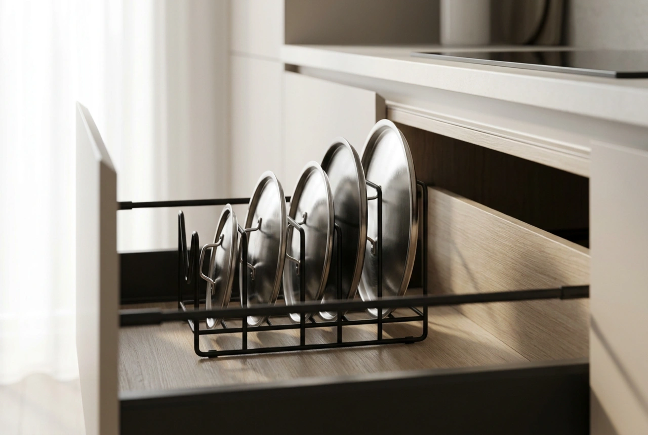 Topfdeckel im praktischen Organizer sortieren: Struktur und Ergonomie in der Küche