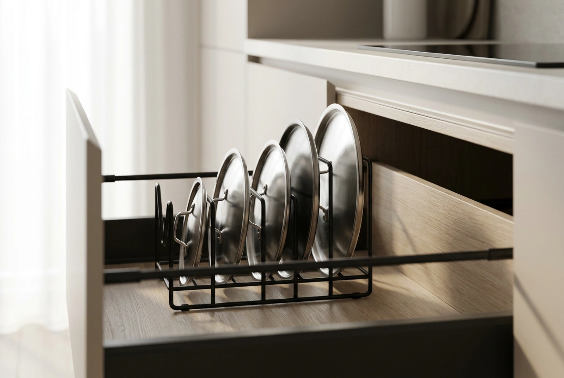 Topfdeckel im praktischen Organizer sortieren: Struktur und Ergonomie in der Küche