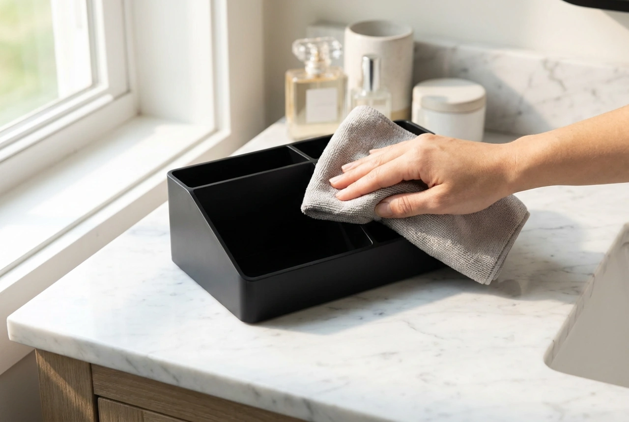 Schwarze Kosmetik-Organizer streifenfrei und staubfrei reinigen