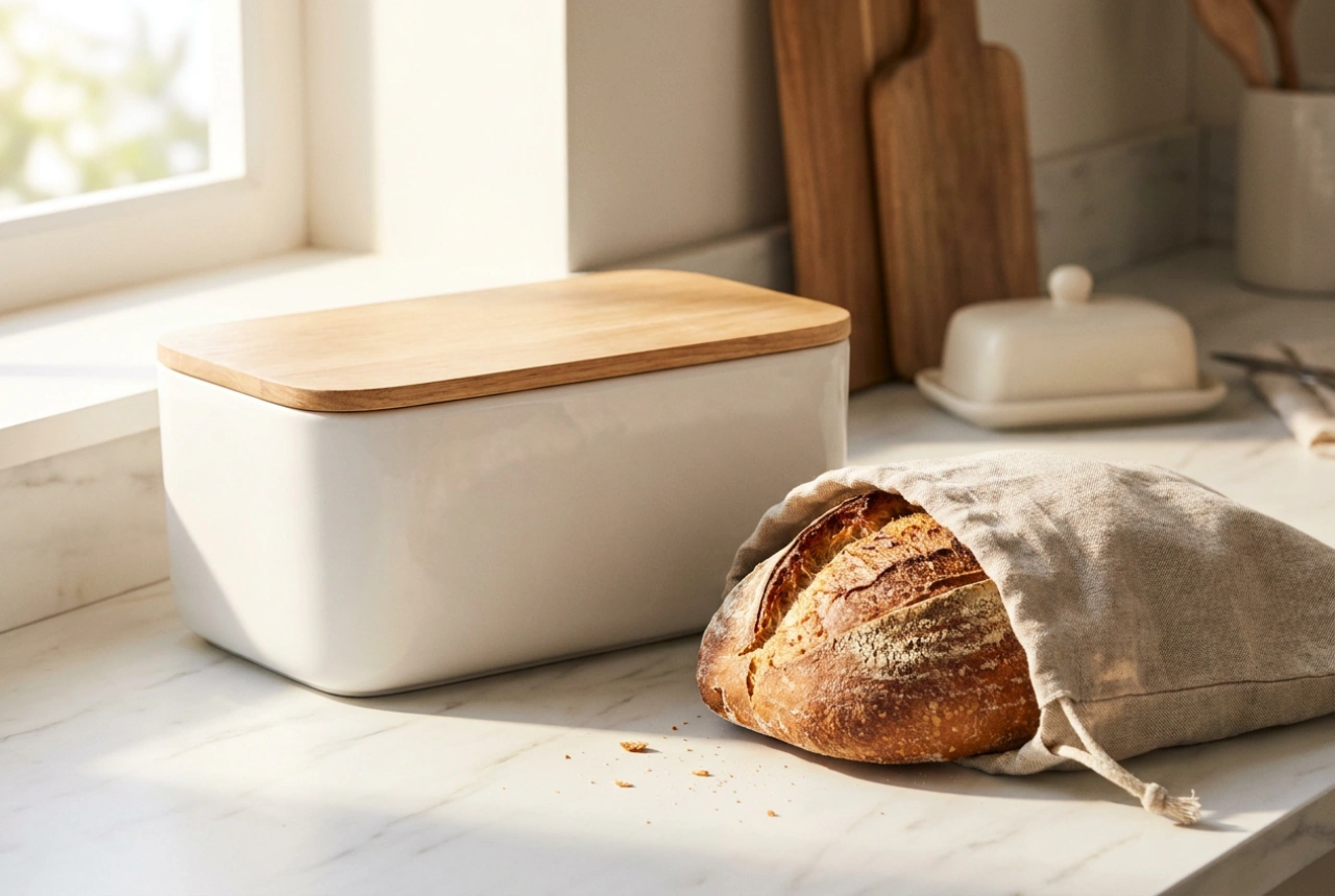 Weiße Brotkästen mit Holzdeckel pflegen und Brot richtig lagern