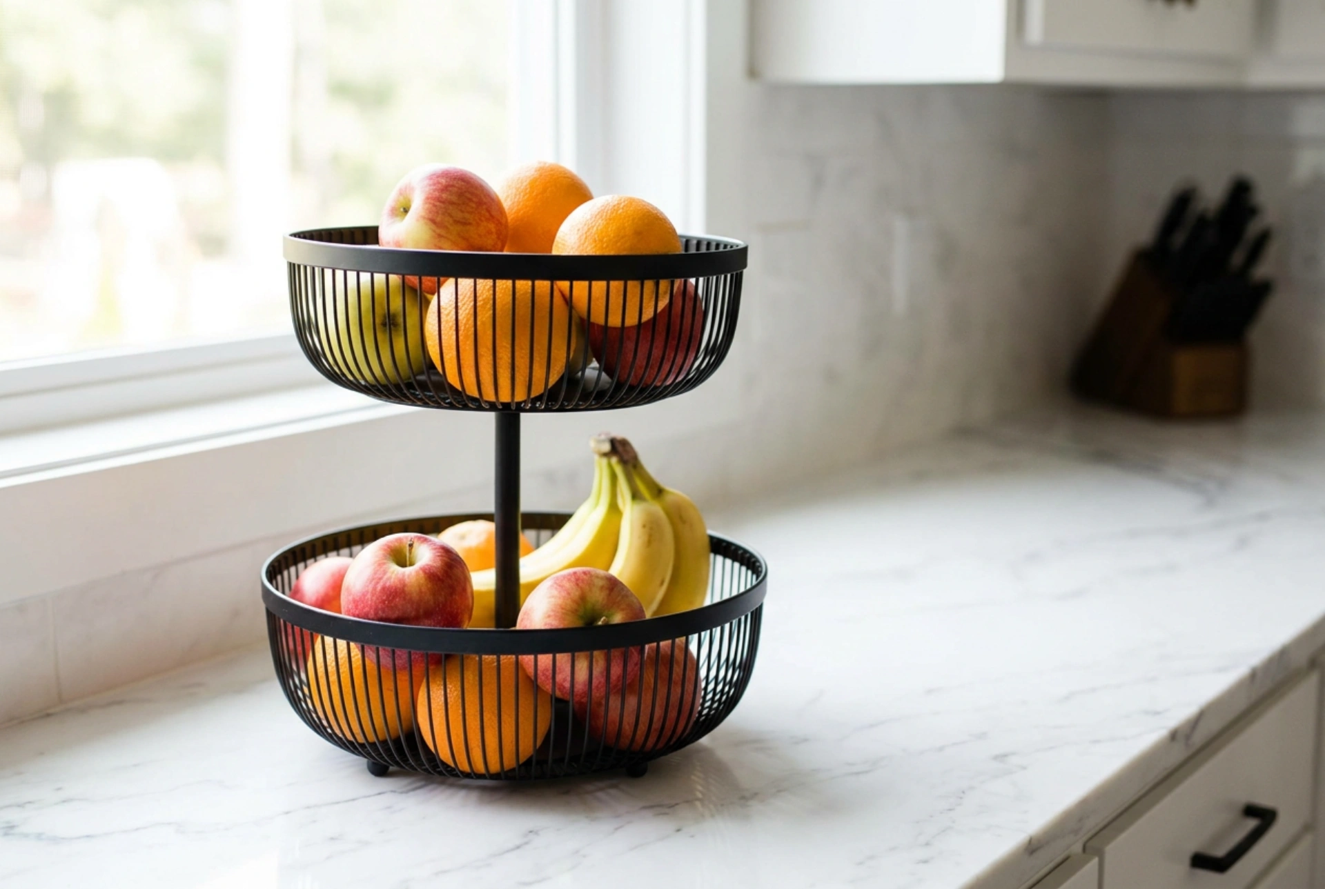 Zweistufige Obstkörbe in kleinen Küchen optimal platzieren und nutzen