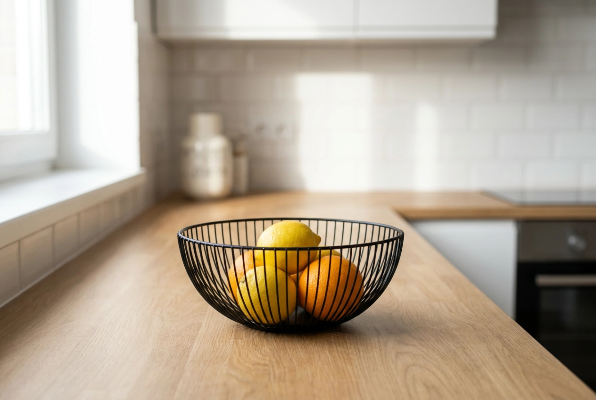 Schwarze Obstkörbe elegant auf der Arbeitsplatte platzieren: So bleibt die Küche ordentlich