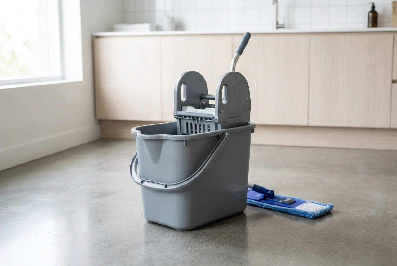 Wie man große Flächen mit einem Industriemopp und Eimer reinigt