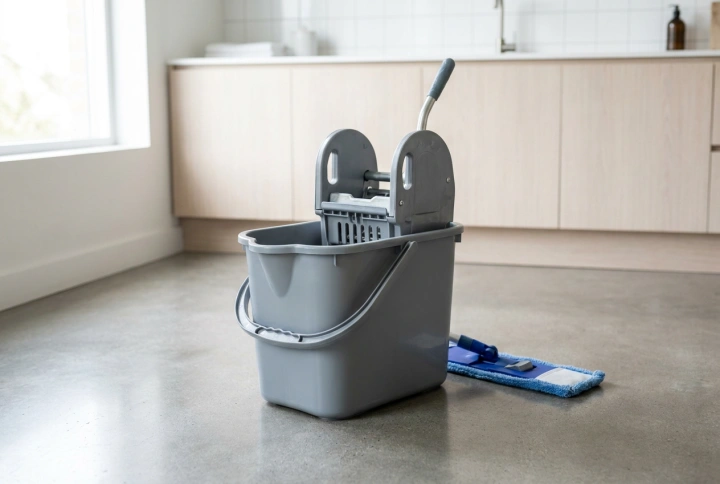 Wie man große Flächen mit einem Industriemopp und Eimer reinigt