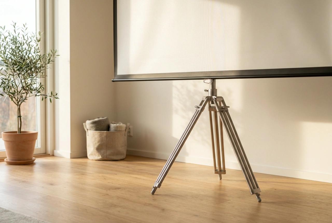 Wie man eine Stativ-Leinwand für den Beamer im Wohnzimmer richtig aufstellt