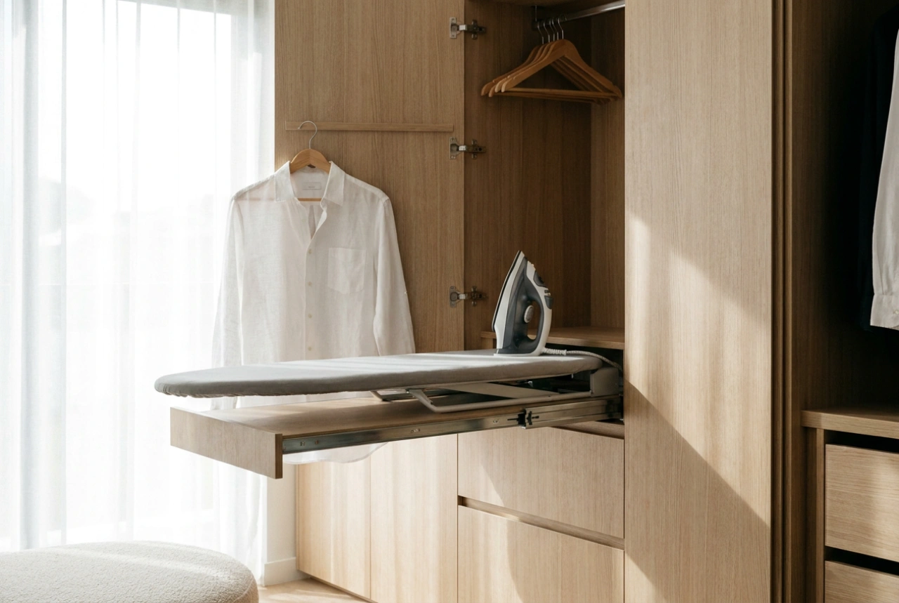 Ausziehbares Bügelbrett im Kleiderschrank: Ergonomie und platzsparende Organisation im Detail