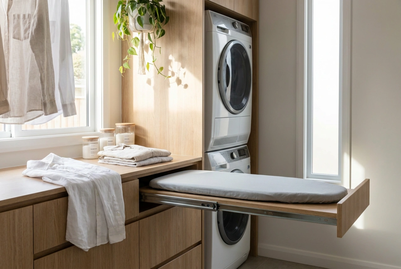 Integrierte Bügelbretter und die ergonomische Organisation der Waschküche