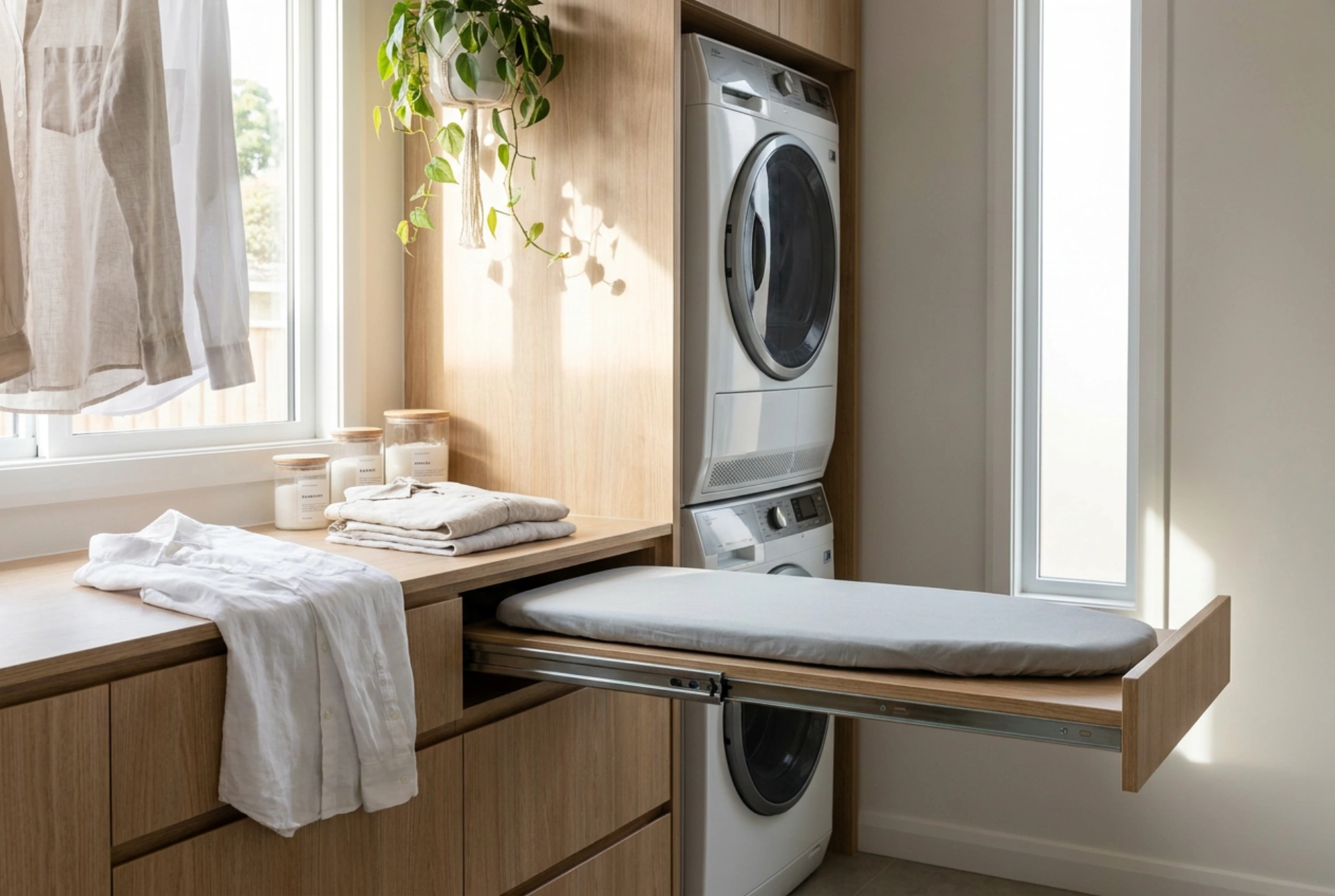 Integrierte Bügelbretter und die ergonomische Organisation der Waschküche