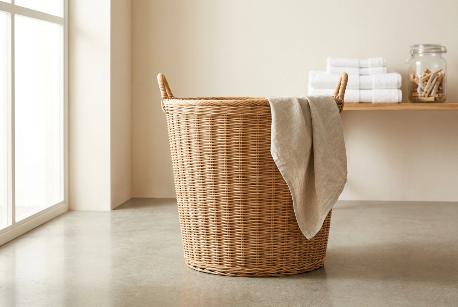 Wäschekorb aus Rattan als praktisches Element im heimischen Waschbereich