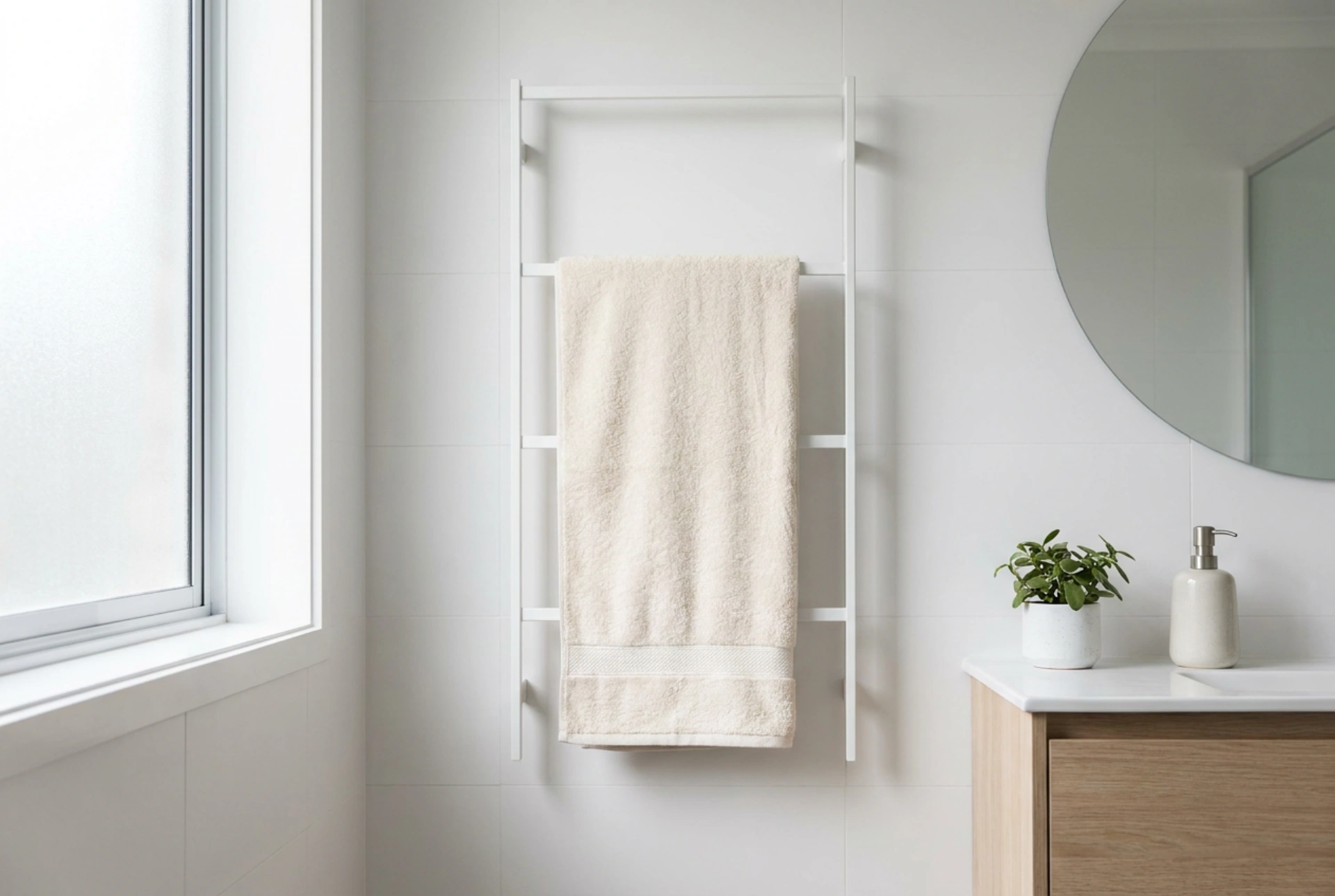 Wand-Handtuchtrockner und Ordnung im kleinen Badezimmer
