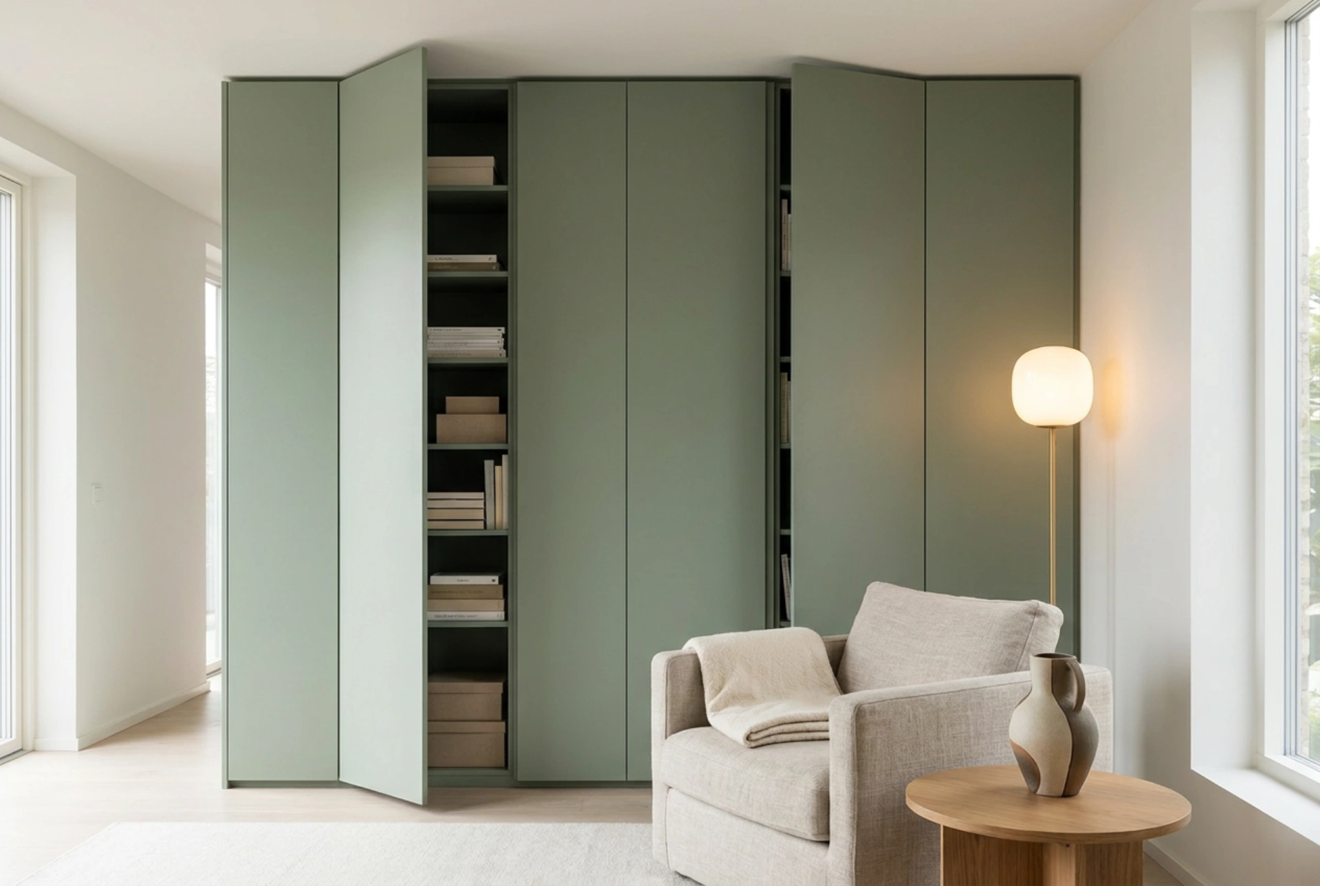Wie Sie einen Kleiderschrank in die Wohnzimmerwand integrieren und Vorräte unsichtbar verstauen