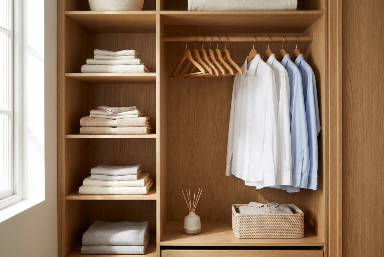 Zweitürigen Kleiderschrank organisieren: Systematik für Fächer und Kleiderstange