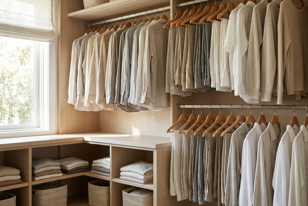Wie man einen Kleiderschrank mit zwei Kleiderstangen für unterschiedliche Kleiderlängen plant