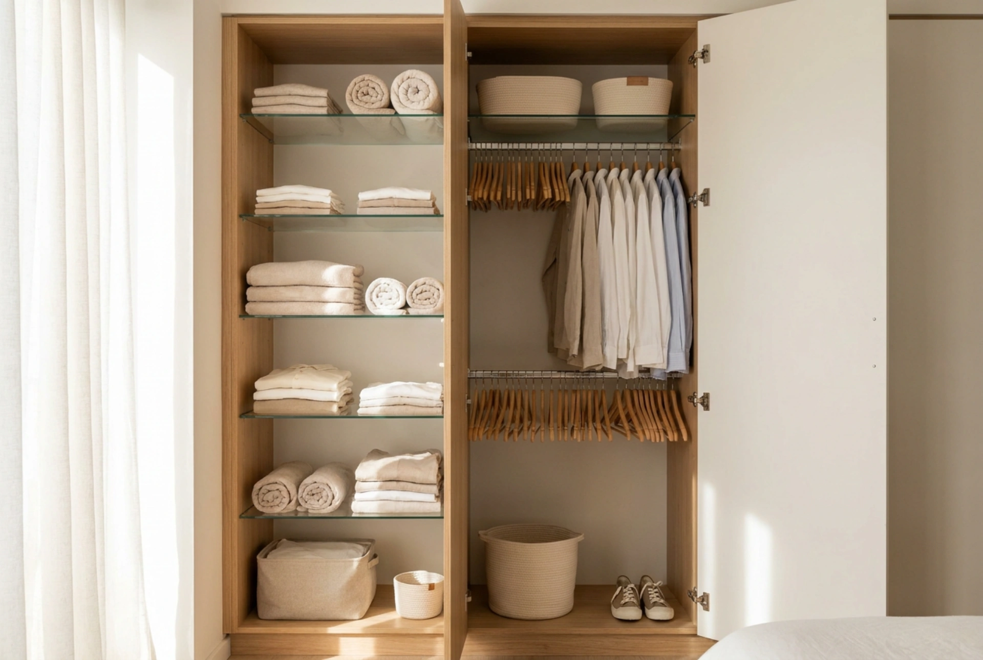 Wie man einen Kleiderschrank mit Regalen und Kleiderstangen in praktische Zonen einteilt