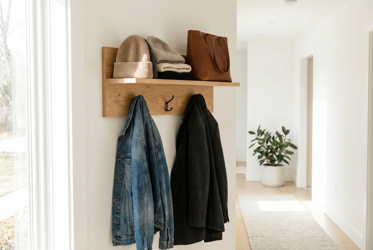 Wie eine Wandgarderobe mit Ablage Mützen und Taschen organisiert