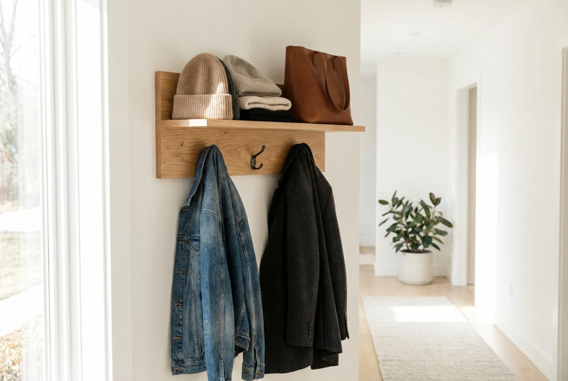 Wie eine Wandgarderobe mit Ablage Mützen und Taschen organisiert