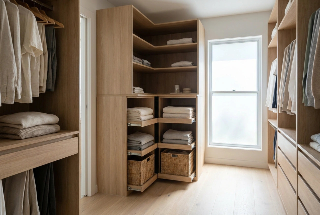 Wie man einen großen Eckkleiderschrank in eine begehbare Garderobe verwandelt