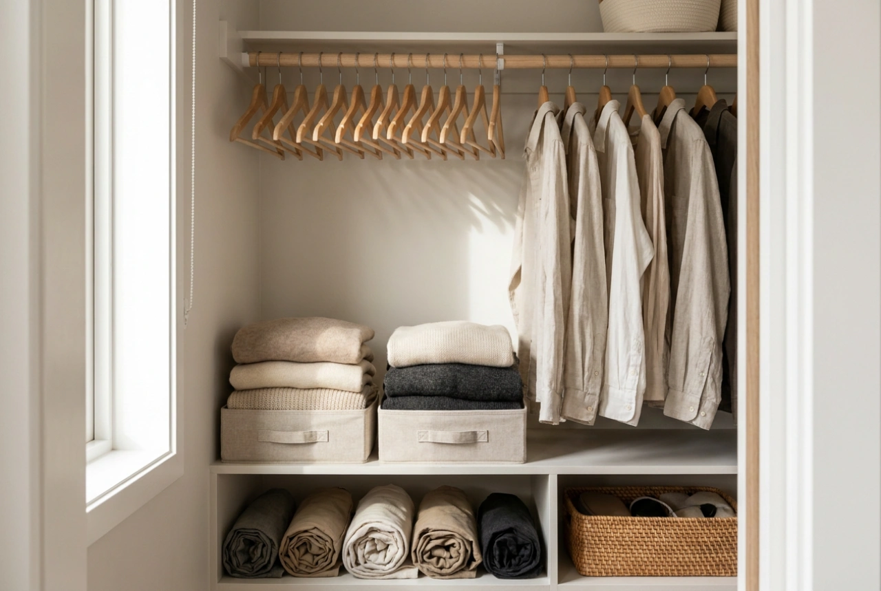 Wie man einen schmalen Schlafzimmerschrank für Saisonkleidung optimal aufteilt
