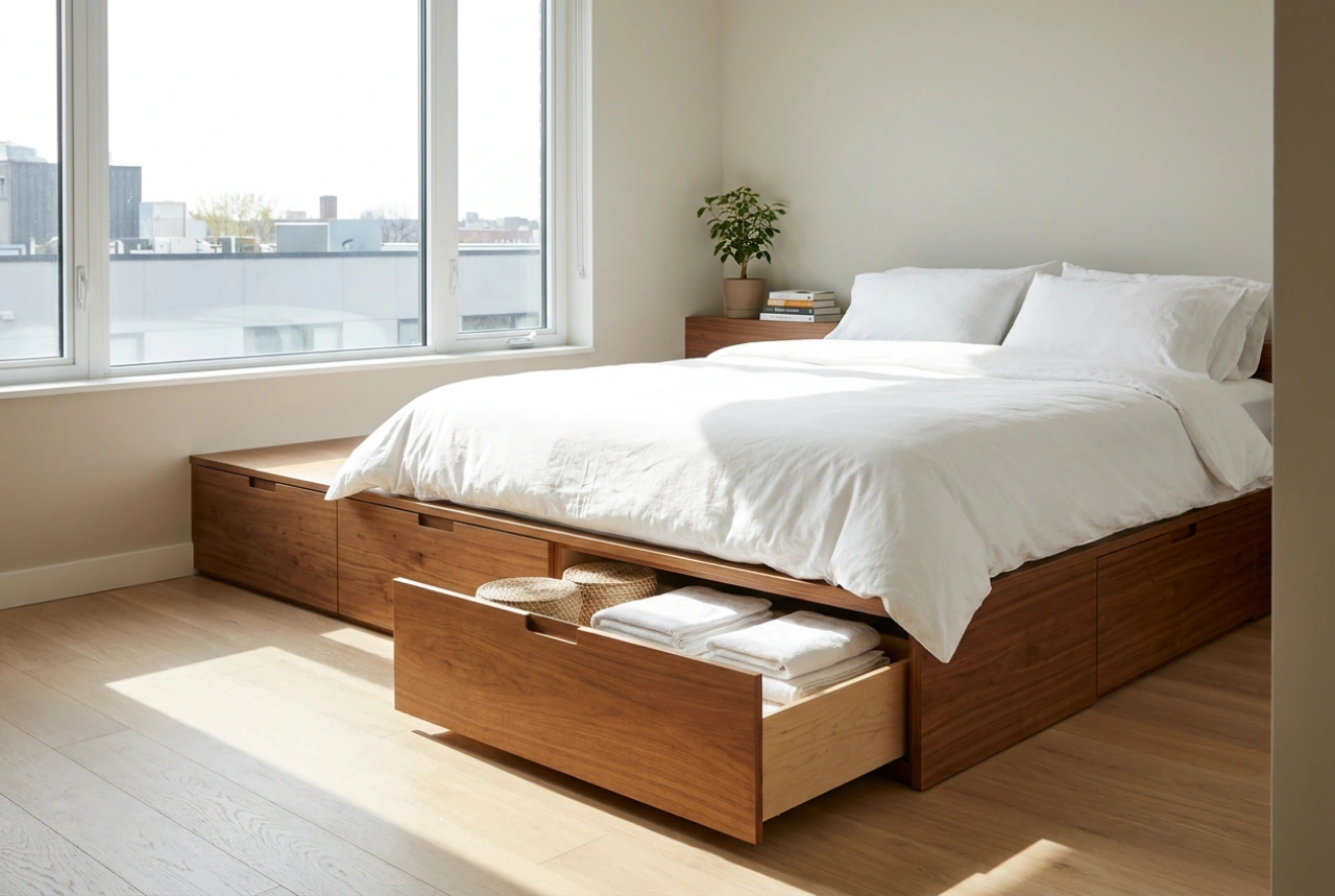 Bett mit Kleiderschrank darunter als Stauraumlösung für kleine Räume