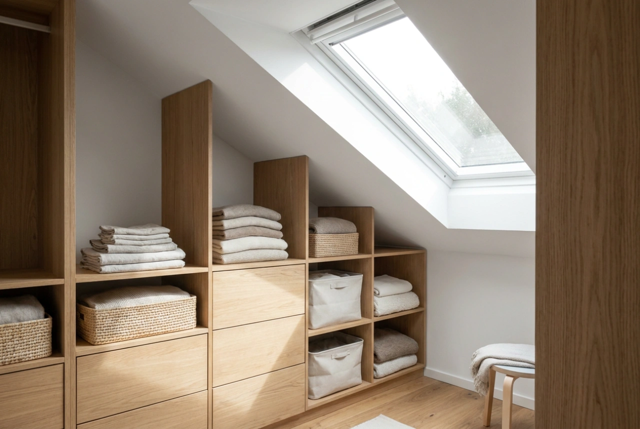 Dachschräge optimal nutzen: So planen Sie eine begehbare Garderobe mit niedrigen Regalen