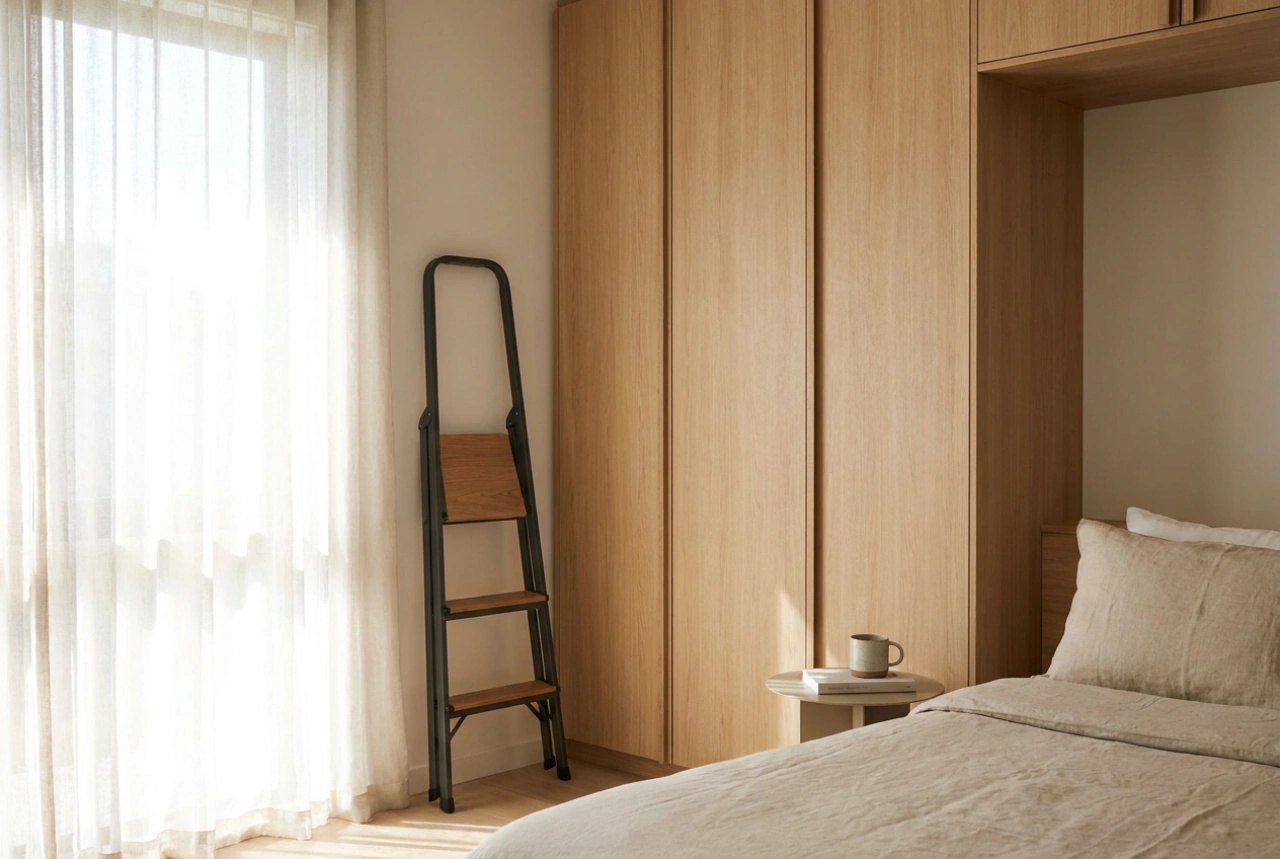 Deckenhohe Kleiderschränke im Schlafzimmer und der sichere Zugang zu den oberen Fächern