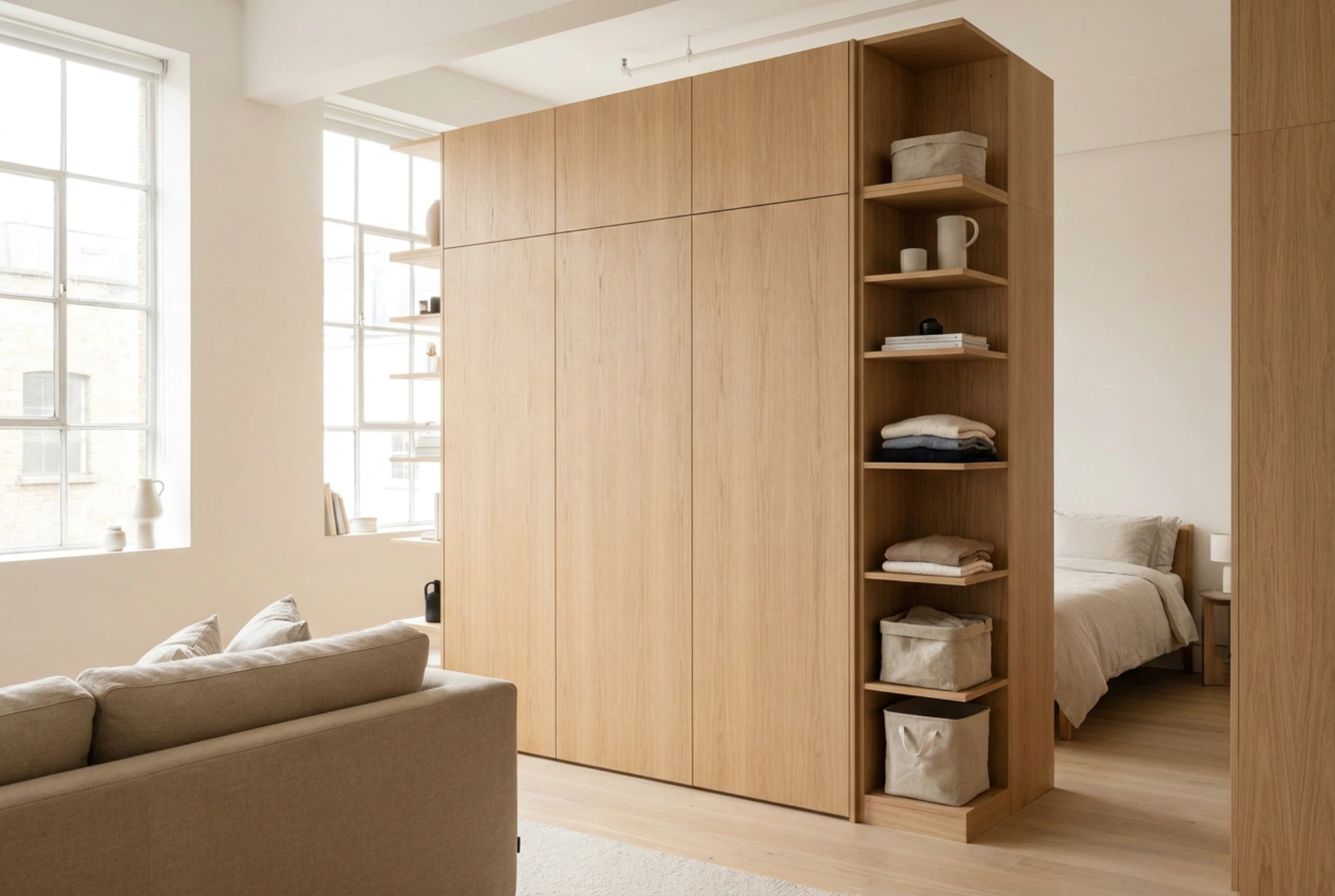 Wie man einen Kleiderschrank als Raumteiler nutzt, ohne Platz zu verlieren