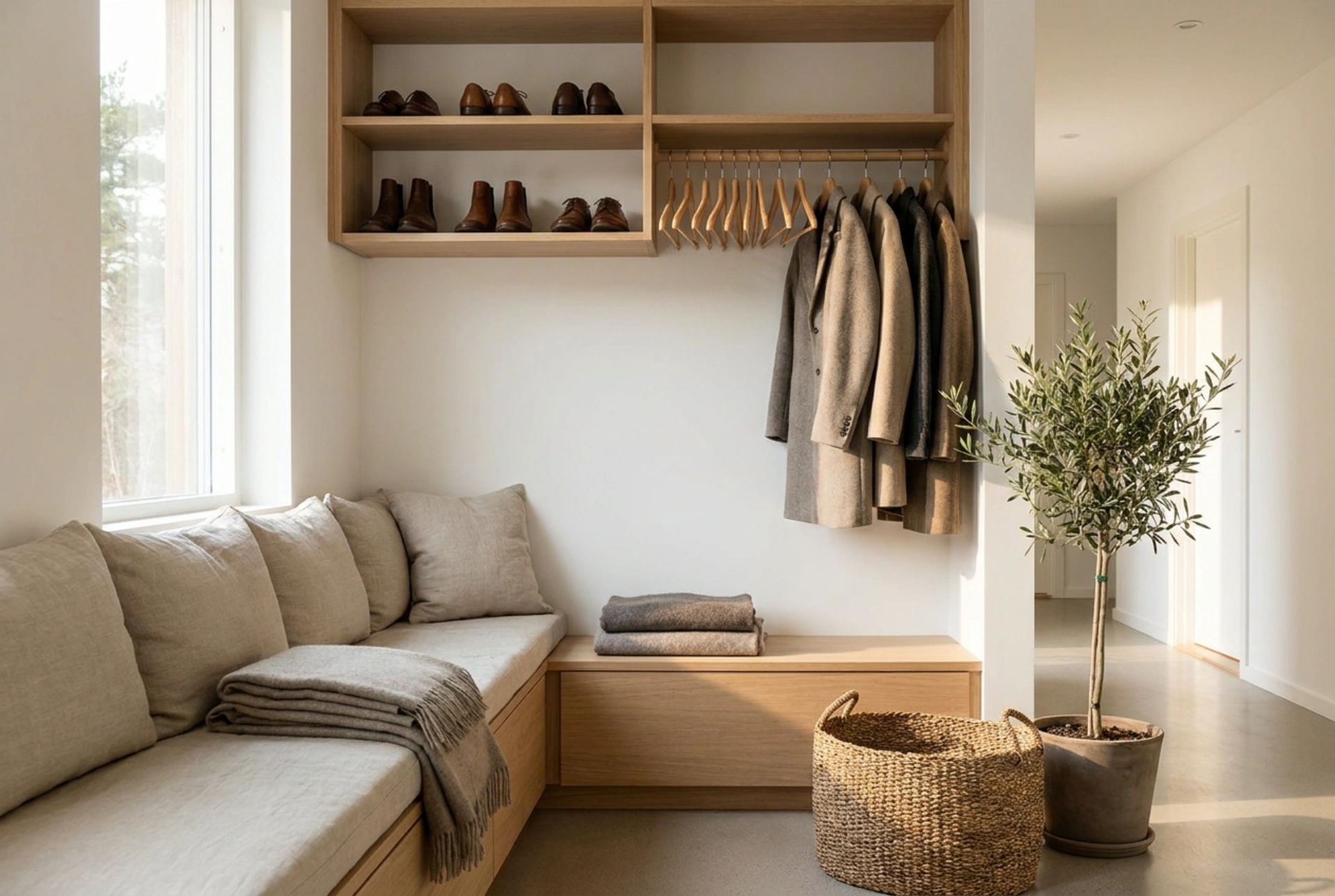 Flurschrank mit Sitzbank optimal planen: Struktur für Schuhe und Jacken