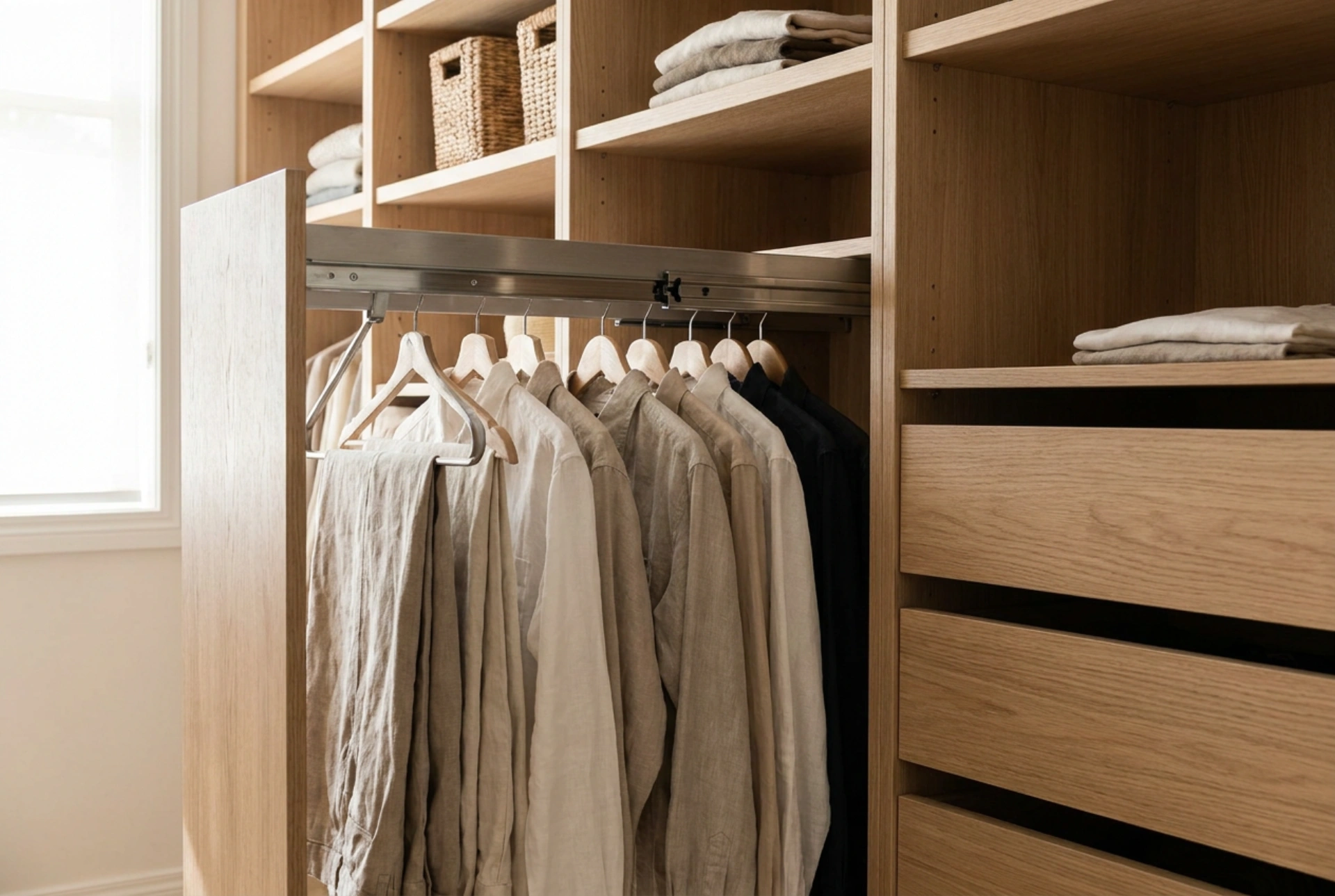 Ausziehbare Kleiderstangen für optimalen Zugriff im tiefen Schrank
