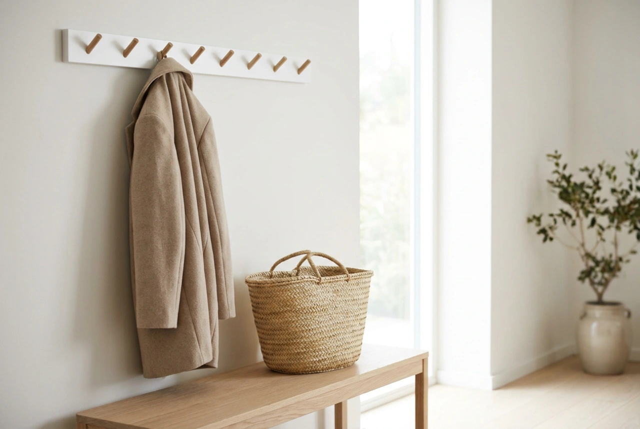 Wie man Ordnung an einer weißen Garderobe im hellen Flur hält