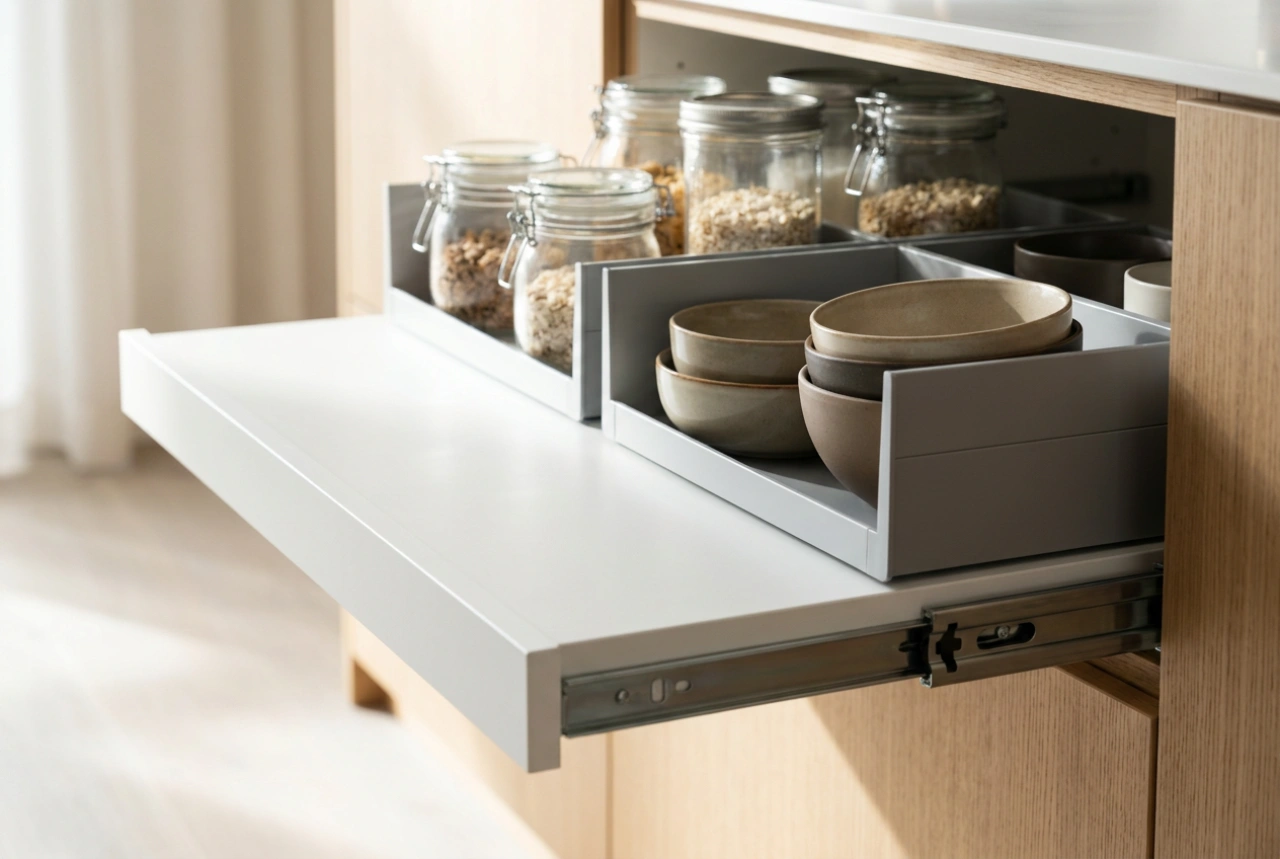 Ausziehbare Regalböden im Schrank und flexible Raumaufteilung