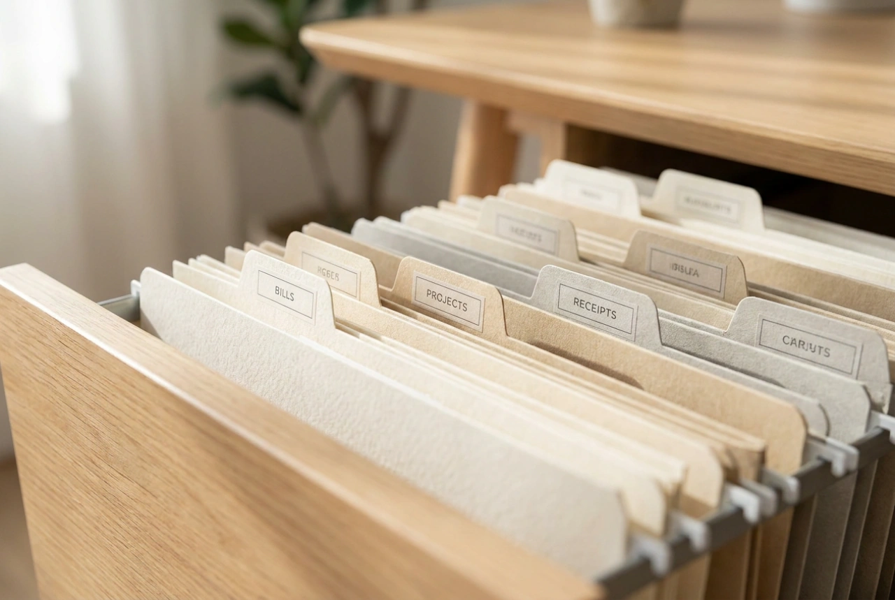 Papiermappen für Dokumente im Heimbüro systematisch beschriften