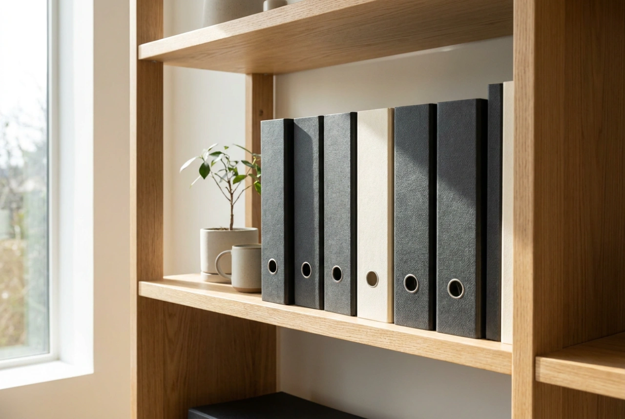 Elegante Dokumentenmappen im perfekt organisierten Heimarchiv