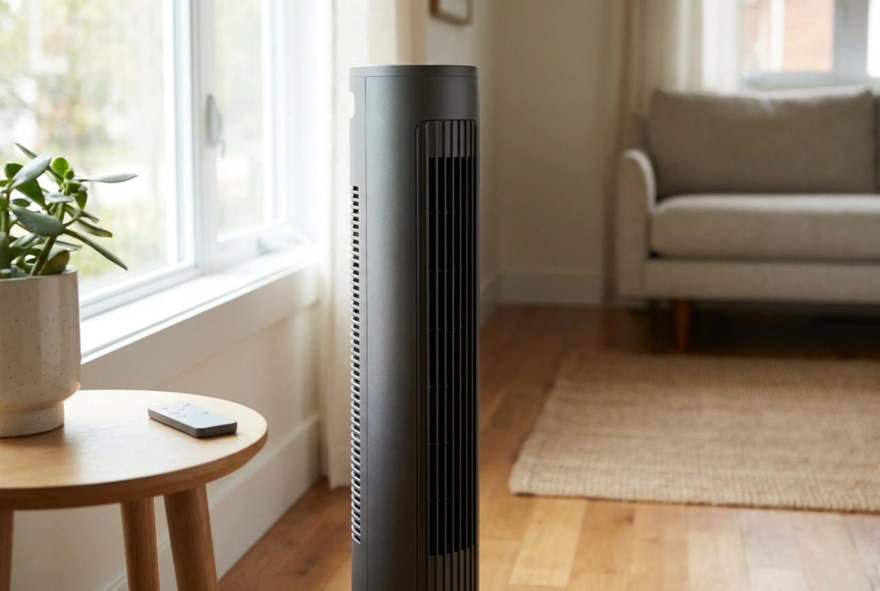 Sichere Nutzung eines Turmventilators mit Fernbedienung im Haushalt