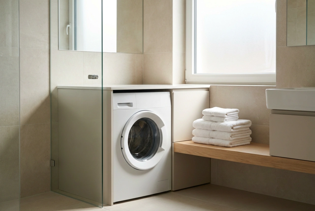 Kleine Frontlader-Waschmaschine im komfortablen Badezimmer-Layout
