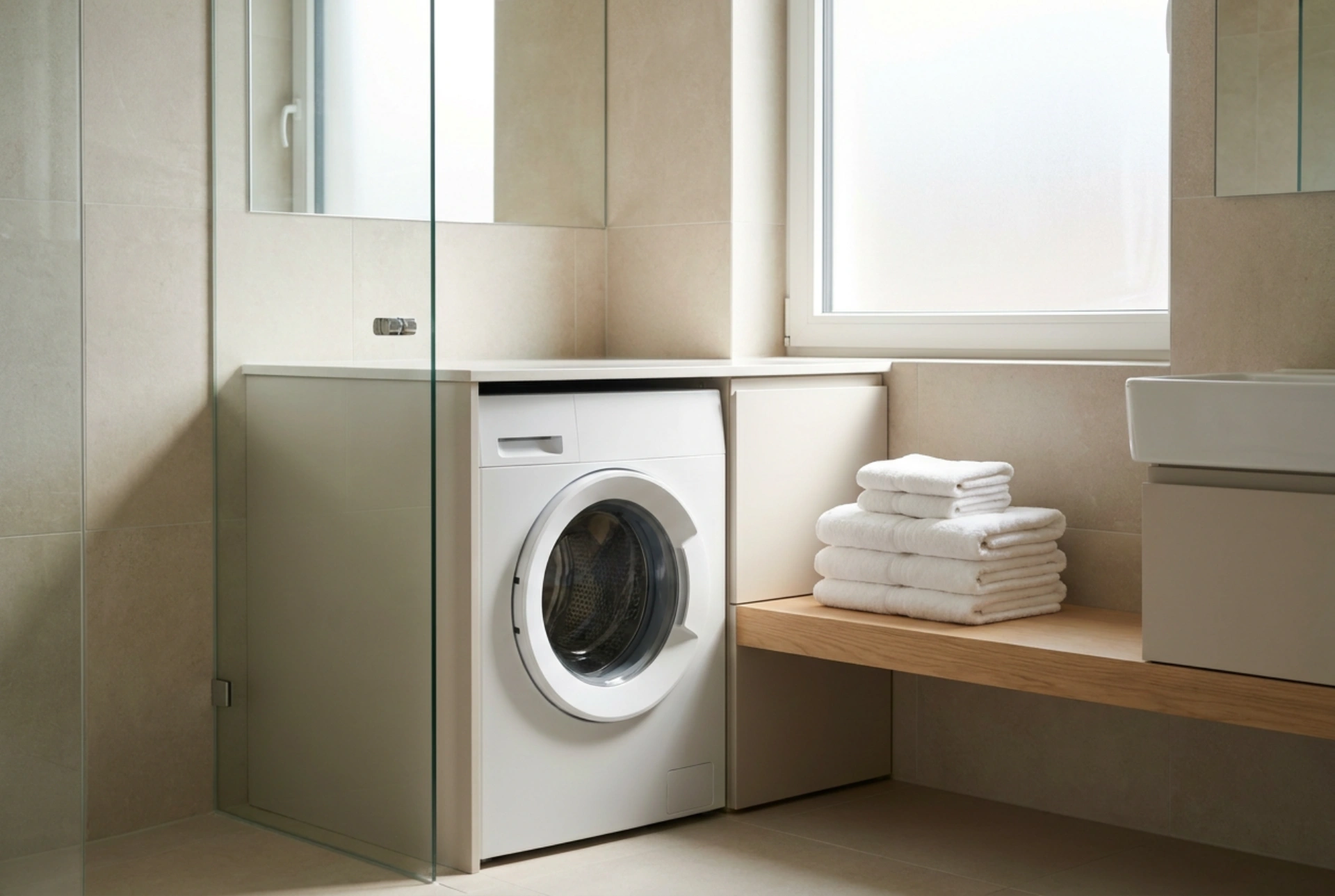 Kleine Frontlader-Waschmaschine im komfortablen Badezimmer-Layout